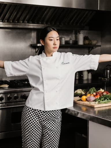 10대 후반의 아시아계 여성 모델이 주방에서 세련된 흰색 조리복과 체크무늬 바지를 입고 서 있습니다. 그녀는 팔을 벌리고 춤추듯이 포즈를 취하며 무관심한 표정을 짓고 있으며, 다양한 조리기구와 재료가 있는 활기찬 주방 환경에 둘러싸여 있습니다.