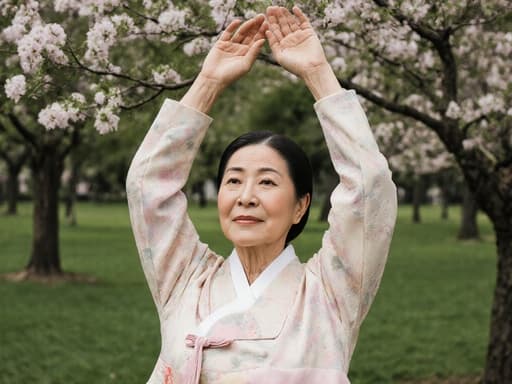 이 이미지는 부드러운 패턴의 전통 한복을 입고 있는 70대 혼혈 여성을 보여줍니다. 그녀는 푸르른 공원 배경에서 팔을 위로 올리며 편안한 자세로 스트레칭하고 있으며, 무관심한 표정을 지으며 여유로운 느낌을 전달합니다.