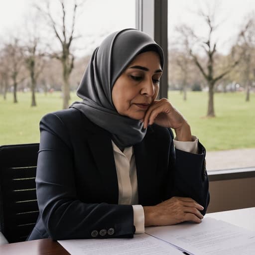 40대 중동계 여성이 편안한 작업복과 방수 장화를 착용하고 회의실 테이블에 앉아 팔짱을 끼고 지루한 표정으로 문서를 바라보며 생각에 잠겨 있는 모습입니다. 배경은 실외 공원으로, 멀리 작은 나무들과 잔디밭이 보입니다. 차분한 분위기가 그녀의 집중력과 대조를 이루고 있습니다.