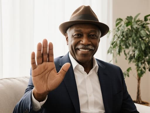 50대 아프리카계 남성이 편안한 작업복과 모자를 착용하고, 친근한 인사로 한 손을 들며 따뜻한 미소를 짓고 있는 모습이 밝은 거실에서 푸른 식물들과 함께 담겨 있습니다.