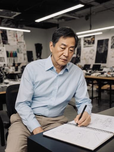 50대 아시아계 남성이 차분한 표정을 지으며 자연스러운 외모를 드러내고 있는 반신 사진입니다. 그는 현대적인 디자인 스튜디오에 앉아 있으며, 편안한 디자인 셔츠와 슬랙스를 착용하고 있습니다. 그 앞에는 디자인 스케치북이 놓여 있고, 작업에 몰입한 모습이 강조됩니다. 배경에는 다양한 디자인 도구와 샘플들이 배치되어 있어 영감을 주는 창의적인 분위기를 조성하고 있습니다. 자연스러운 조명이 부드럽게 비치며 작업 공간의 차분한 감정을 강조합니다.