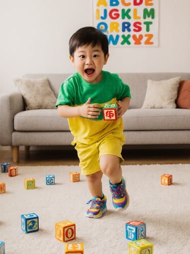 귀엽고 활발한 3세 아시아계 남자가 배고픈 표정을 지으며 알파벳 블록을 들고 달려가는 모습의 전신 사진. 아늑한 거실에서 장난감과 알파벳 포스터가 흩어져 있는 모습.