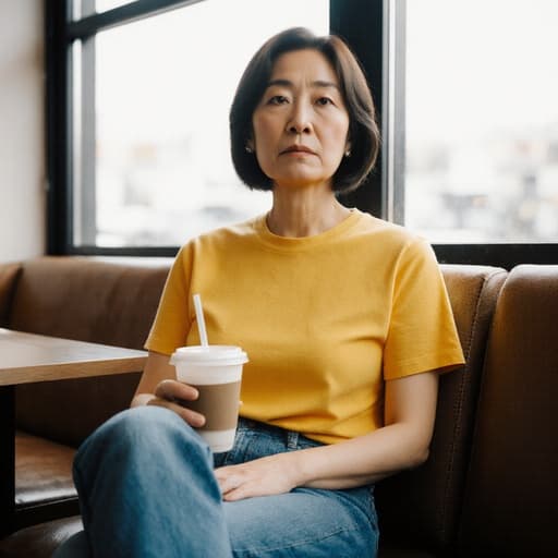 40대 동양인 여성이 아늑한 카페의 소파에 앉아 밝은 색상의 티셔츠와 청바지를 입고 음료수를 들고 지루한 표정을 짓고 있는 반신 촬영. 다리를 살짝 꼬고 있으며, 배경은 따뜻한 카페 내부로 아늑한 분위기를 더합니다.