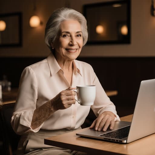 50대 라틴계 여성이 세련된 블라우스를 입고 편안한 바지를 착용한 채, 테이블에 놓인 노트북을 바라보며 커피 컵을 들고 우아하게 미소 짓고 있는 모습이 담긴 반신 샷입니다. 따뜻한 조명의 아늑한 카페 내부는 온라인 강의 환경을 반영하며, 그녀의 스타일리시한 복장이 우아한 분위기를 더합니다.