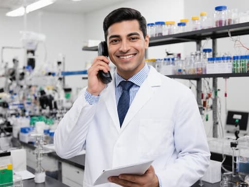 30대 라틴계 남성이 화이트 실험실 코트와 셔츠, 넥타이를 착용하고 자연스럽게 미소 지으며 전화기를 귀에 대고 노트를 들고 있는 모습으로, 실험 기구와 샘플이 정리된 깔끔한 실험실 배경에서 촬영된 이미지입니다.
