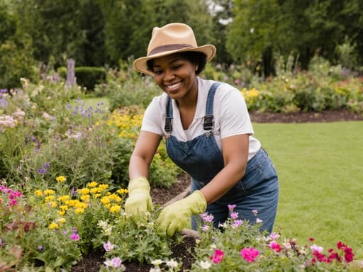 자연스러운 외모의 30대 흑인 여성이 편안한 작업복과 장갑을 착용하고, 따뜻한 미소를 지으며 아름다운 정원에서 꽃밭을 가꾸며 걷고 있는 반신 샷. 다양한 식물로 둘러싸인 평화로운 공원에서 포착되었습니다.