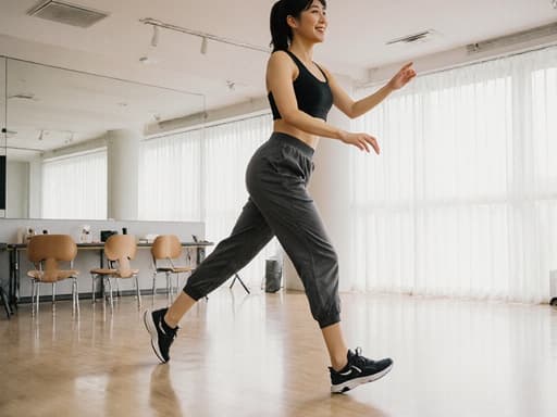 30대 한국인 여성이 편안한 운동복과 운동화를 착용하고, 넓은 카페 배경에서 춤을 연습하는 모습을 담은 반신 촬영입니다. 자연스러운 미소와 에너제틱한 자세가 활기찬 분위기를 전달하며, 여유로운 환경 속에서 운동의 주제를 강조합니다.