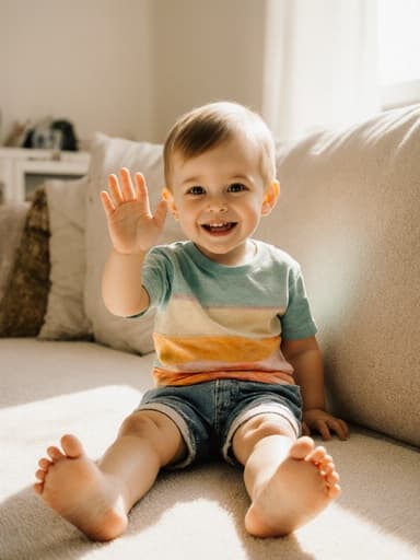 아침 햇살이 비치는 아늑한 거실에 앉아있는 귀엽고 즐거운 3세 백인 남성의 반신 사진. 그는 밝은 색상의 티셔츠와 반바지를 입고 있으며, 다리를 뻗고 손을 흔들며 인사하며 귀엽고 즐거운 웃음을 짓고 있다.