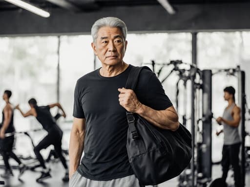50대 동양인 남성이 운동복을 입고 훈련장에 서 있으며, 어깨에 운동 가방을 메고 고민하는 표정을 짓고 있습니다. 배경에는 다양한 운동 기구와 훈련하는 선수들이 보여져 역동적이고 동기부여가 되는 분위기를 만들어냅니다.
