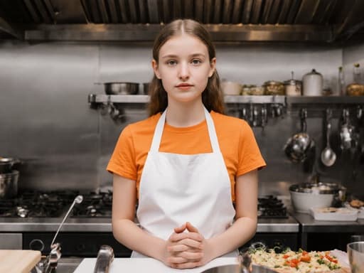 10대 초반의 유럽계 소녀가 흰색 앞치마와 밝은 색상의 티셔츠를 입고 분주한 식당 주방에 서 있습니다. 손을 모으고 차분한 표정을 지으며, 도구를 기다리는 집중한 젊은 요리사의 모습입니다. 다양한 재료와 조리 도구가 배경에 있어 요리의 주제를 강조합니다.