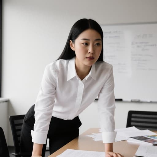 20대 동양인 여성이 반신 촬영으로 나타나며, 깔끔한 화이트 셔츠와 블랙 팬츠를 착용하고 있습니다. 그녀는 현대적인 회의실에서 연구 자료를 열심히 살펴보며 앞으로 몸을 기울이고 집중한 표정을 짓고 있어, 그녀의 전문성과 일에 대한 헌신을 나타냅니다.
