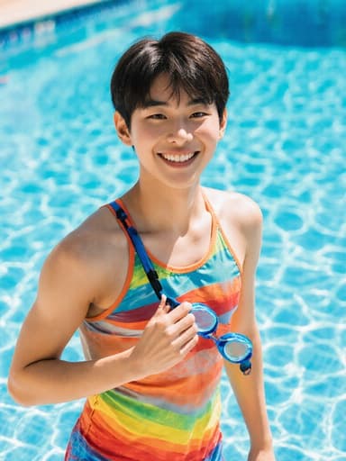 밝게 웃고 있는 동양인 소년이 수영장 가장자리에서 자신감 넘치는 자세로 수영 고글을 들고 서 있습니다. 맑은 물과 햇빛이 비추는 환경이 생동감 넘치는 여름 분위기를 만들어냅니다.
