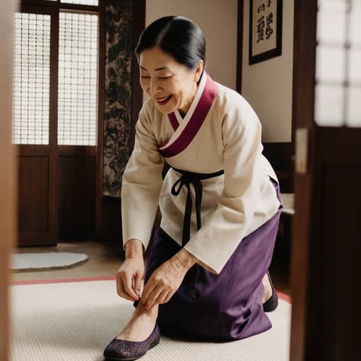 60대 아시아계 여성의 행복한 표정을 담은 반신 사진. 전통 한복을 입고 신발을 신기 위해 우아하게 구부린 자세를 취하고 있으며, 따뜻하고 아늑한 한의원 내부에서 전통 장식들이 그녀의 우아함과 문화유산을 강조하고 있다.