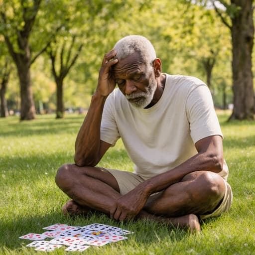 70대 흑인 남성이 편안한 티셔츠와 반바지를 입고 공원의 잔디에 앉아 있는 반신 사진입니다. 그는 카드 게임을 하고 있으나 지루한 표정을 지으며 관심을 잃은 듯한 모습이며, 푸르른 나무들과 잔디가 있는 환경이 평화로운 분위기를 더합니다.