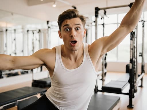 20대 유럽계 남성이 흰색 탱크탑과 검은색 레깅스를 착용하고 필라테스 매트 위에서 놀란 표정으로 스트레칭을 하고 있는 모습. 밝고 깔끔한 필라테스 스튜디오 내부에 다양한 기구들이 배치되어 있다.