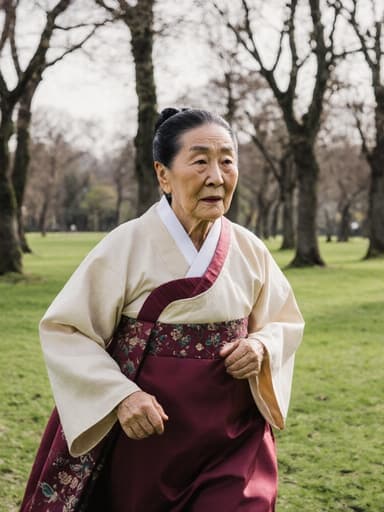 70대의 혼혈 여성이 전통 한복을 입고 피곤한 표정을 지으며 잔디와 나무로 둘러싸인 조용한 공원에서 달리는 자세로 연습하는 모습의 전신 샷입니다. 이 이미지는 의상의 우아함과 그녀의 행동이 지닌 문화적 의미를 잘 담고 있습니다.