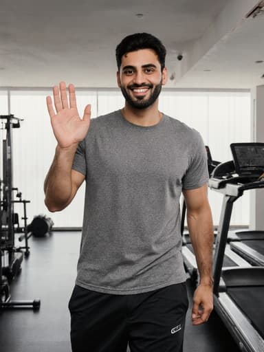 30대 중동계 남성이 편안한 운동복을 입고, 운동 기구가 배치된 헬스장에서 따뜻하게 미소 지으며 손을 흔들고 있는 모습, 자신감과 친근함을 전달합니다.