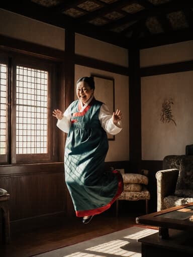 이 이미지는 전통 한복을 입고 문화 축제를 기념하기 위해 기쁘게 점프하는 80세 한국인 여성을 보여줍니다. 그녀의 차분한 표정은 고요한 영혼을 반영하며, 따뜻한 햇살이 창문을 통해 비치는 전통 한국 가정의 아늑하고 매력적인 배경이 함께합니다.