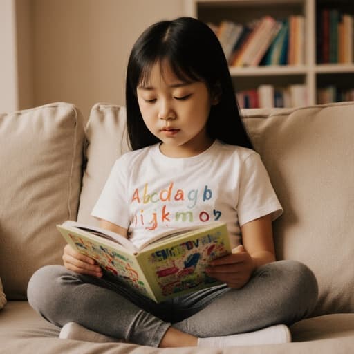 아늑한 거실에 앉아 있는 귀여운 7세 아시아계 소녀가 편안한 티셔츠와 레깅스를 입고 있습니다. 그녀는 손에 들고 있는 알파벳 책을 졸린 표정으로 바라보고 있으며, 부드러운 조명과 배경의 책장이 아늑하고 따뜻한 분위기를 만들어냅니다.