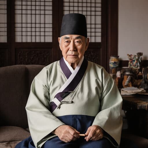 80대 한국인 남성이 자연스러운 외모로 전통 한복을 차분한 색상으로 착용하고 있는 반신 촬영입니다. 그는 차분한 표정을 지으며 깊은 생각에 잠긴 듯한 모습으로 의자에 앉아 전통 공예 도구를 손에 들고 작업에 몰두하고 있습니다. 배경은 전통 한국식 장식이 배치된 아늑한 거실로, 주제의 집중과 장인 정신을 잘 드러내는 초대하는 분위기를 연출하고 있습니다.