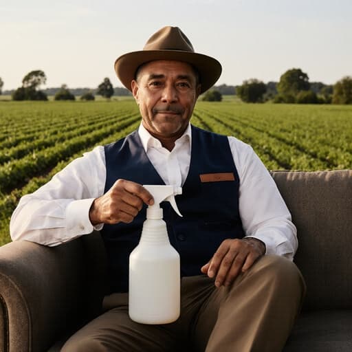 이 이미지는 40대 혼혈 남성이 소파에 앉아 전문 농부 복장을 하고 농약 스프레이를 들고 있는 모습을 보여줍니다. 배경은 아름다운 농장 풍경을 특징으로 하여 농업 전문성과 자신감이 넘치는 분위기를 강조합니다.