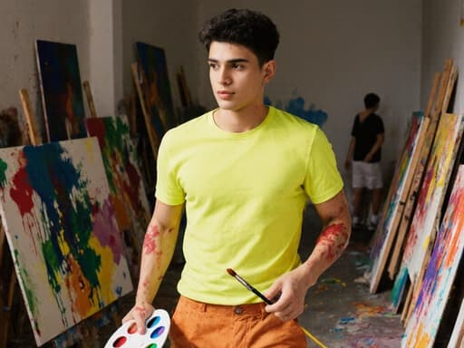 10대 후반의 라틴계 남성 예술가가 아트 스튜디오에서 걷고 있는 모습의 반신 샷을 촬영했습니다. 그는 밝은 색의 티셔츠와 작업용 바지를 착용하고 있으며, 팔레트를 한 손에, 붓을 다른 손에 쥐고 차가운 표정으로 집중하고 있습니다. 스튜디오 배경에는 다양한 색상의 페인트와 캔버스가 놓여 있어 예술적 분위기를 강조합니다.