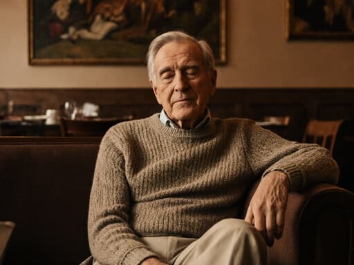 70대 유럽계 남성이 편안한 니트 스웨터와 면 바지를 입고 소파에 앉아 눈을 감고 생각에 잠긴 모습의 초상입니다. 따뜻한 조명과 전통적인 예술작품이 배경을 이루어 고요하고 차분한 분위기를 강조합니다.