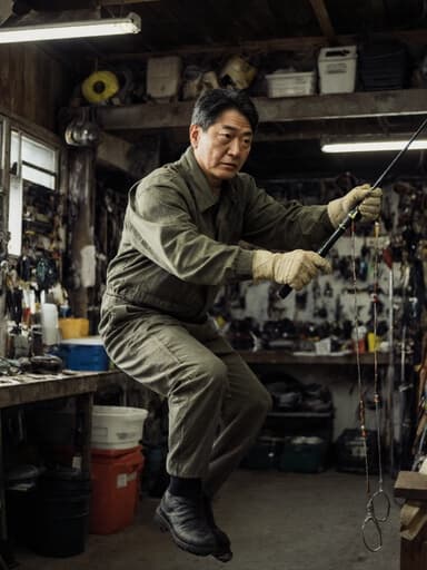 이 이미지는 40대 한국인 남성이 어업을 위한 작업복과 장갑을 착용하고, 점프하는 자세에서 어업 도구를 들고 있는 전체 모습입니다. 그는 고민하는 표정을 짓고 있으며, 배경은 어업 관련 장비가 정리된 실내 작업 공간으로, 어업 직업에서의 결단력과 집중력을 전달하고 있습니다.