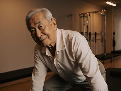 편안한 필라테스 복장을 입은 60대 아시아계 남성이 따뜻한 조명이 비추는 필라테스 센터의 매트 위에서 우아한 자세를 취하고 있습니다. 그의 표정은 피로와 열정을 동시에 드러내며, 평온한 환경 속에서 자신의 연습에 대한 헌신을 강조합니다.