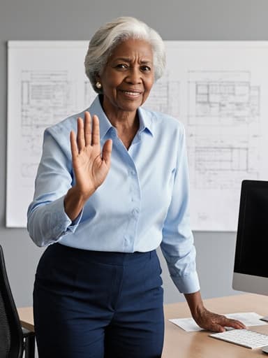 50대 아프리카계 여성이 전문적인 블라우스와 정장 바지를 입고, 긴장한 표정으로 몸을 약간 앞으로 기울이며 현대적인 건축 사무소에서 상대방에게 인사하고 있는 모습의 반신 사진입니다. 배경에는 설계 도면과 컴퓨터 모니터가 보입니다.