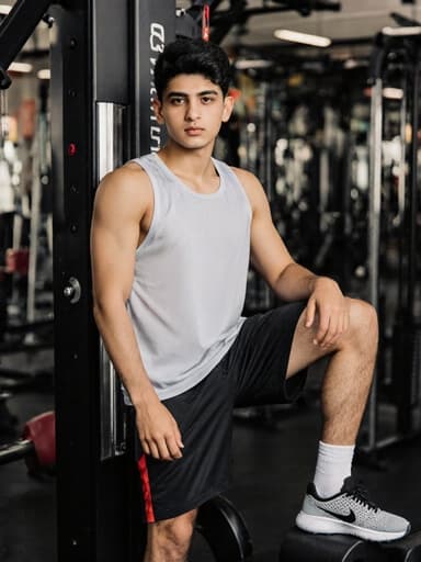 10대 초반의 중동계 남성이 운동 센터에서 편안하게 서 있습니다. 그는 운동복을 입고 있으며, 여유로운 표정을 지으면서 운동 기구에 손을 얹고 있습니다. 다양한 운동 기구가 배치된 공간에서 에너지가 넘치는 분위기를 자아냅니다.