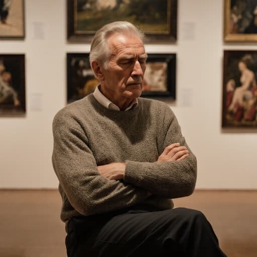 깊은 주름이 있고 흰 머리를 가진 60대 유럽계 남성이 편안한 니트 스웨터와 슬랙스를 입고 있는 반신 이미지입니다. 그는 팔짱을 끼고 고개를 살짝 숙인 채 갤러리의 여러 작품을 바라보며 깊은 고민에 잠긴 표정을 짓고 있습니다. 부드러운 조명이 비추는 전시실에서 그의 표정은 찌푸린 눈썹과 다물린 입술로 깊은 사색을 보여줍니다.