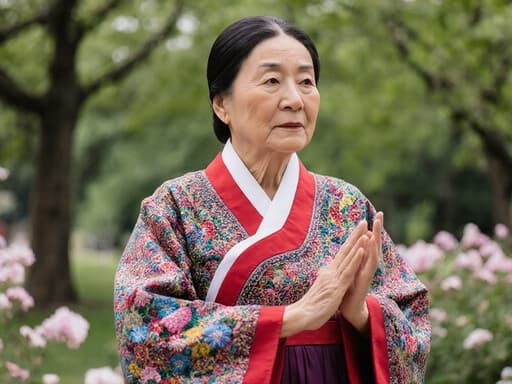 화려한 자수가 돋보이는 전통 한복을 입고, 외로운 표정을 지으며 전통 춤을 추기 위해 기다리는 70대 동양인 여성의 반신 촬영. 푸르른 나무와 꽃이 가득한 평화로운 공원에서 촬영하였습니다.