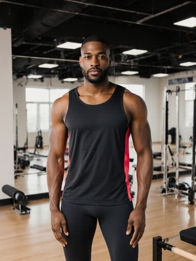 건강하고 활동적인 30대 아프리카계 남성이 필라테스 복장인 스포츠 탑과 레깅스를 입고, 손을 허리에 두고 자신감 있게 서 있는 모습의 반신 샷. 밝고 넓은 필라테스 스튜디오에 거울과 기구가 배치되어 있으며, 차분하고 집중된 분위기를 표현하고 있습니다.