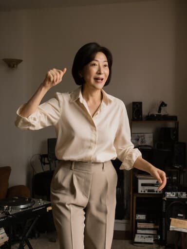 40대 동양인 여성이 아늑한 거실에서 음악 기기들로 가득한 공간에서 놀란 표정을 지으며 춤추고 있는 모습의 전신 사진. 세련된 블라우스와 편안한 바지를 착용하고 있으며, 음악의 리듬에 몰입하고 있습니다.
