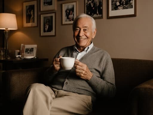 80대 혼혈 남성이 아늑한 카페의 소파에 앉아 있는 반신 사진. 그는 세련된 카디건과 면바지를 입고 커피잔을 들고 만족스러운 미소를 짓고 있습니다. 배경에는 가족 사진이 걸려 있어 따뜻한 분위기를 더합니다.