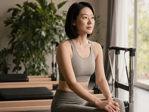 30대 동양인 여성이 편안한 요가 팬츠와 크롭 탑을 입고 조용한 필라테스 스튜디오에 앉아 있으며, 무릎 위에 손을 놓고 평온한 표정을 짓고 있습니다. 부드러운 조명과 장식된 식물이 조화롭게 어우러지는 아늑한 분위기를 만들어냅니다.