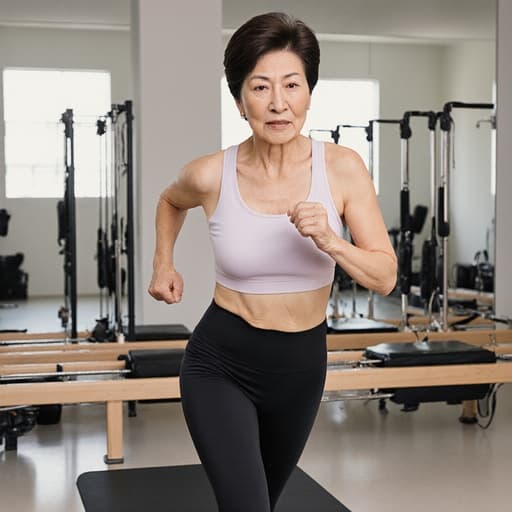 60대 한국인 여성의 반신 사진으로, 필라테스에 적합한 스타일리시한 타이츠와 운동용 탑을 착용하고 있습니다. 그녀는 피곤한 표정을 지으며 필라테스 매트 위에서 달리는 자세를 취하고 있습니다. 배경은 다양한 필라테스 기구들이 세련되게 배치된 현대적인 필라테스 센터입니다. 전체 이미지는 피트니스에 대한 헌신과 노력의 감정을 전달하며, 나이가 들어도 건강과 웰빙을 유지하는 것의 도전을 강조합니다.