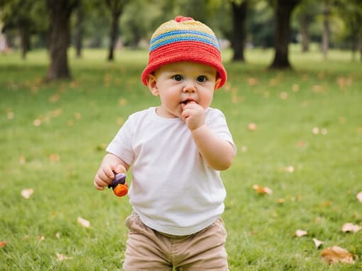 한 살 된 유럽계 남자 아기가 공원의 푸른 잔디에 앉아 편안한 복장을 하고 있습니다. 그는 배고픈 표정으로 손을 입에 대고 있으며, 장난감을 들고 있어 호기심과 장난기 가득한 분위기를 자아냅니다.