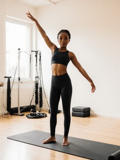 10대 초반의 아프리카계 소녀가 편안한 타이츠와 크롭탑을 입고 필라테스 스튜디오에서 포즈를 취하고 있습니다. 그녀는 무관심한 표정을 지으며 필라테스 매트 위에서 춤추는 자세를 취하고 있으며, 배경에는 자연광과 다양한 운동 용구가 있는 모습이 보입니다.