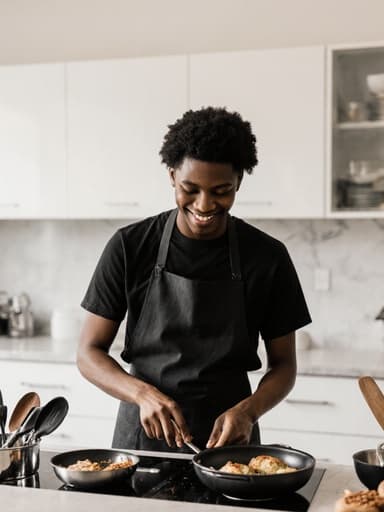 10대 초반 흑인 남성이 검은색 티셔츠와 주방 앞치마를 착용하고 편안한 표정을 지으며 요리를 하고 있는 모습이 반신 샷으로 담겨 있습니다. 그는 현대적인 주방에서 잘 정돈된 주방 도구들로 둘러싸여 따뜻한 분위기 속에서 요리를 하고 있습니다.