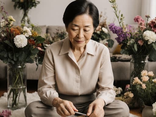 60대 아시아계 여성의 반신 사진으로, 자연스러운 외모를 가진 그녀는 편안한 블라우스와 바지를 입고 있습니다. 그녀는 아늑한 거실 바닥에 앉아 꽃꽂이 도구를 손에 쥐고 꽃을 정리하고 있습니다. 차분하고 약간 무표정한 표정은 장면의 평화로운 분위기를 더합니다. 배경에는 다양한 꽃꽂이 작품들이 놓여 있어 창의성과 고요함의 주제를 강조합니다.