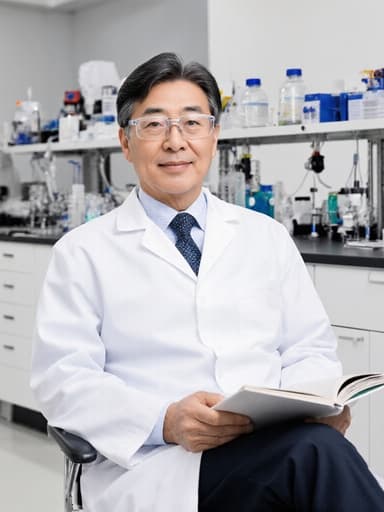 60대 한국인 남성이 흰색 실험복과 안전 안경을 착용하고 현대적인 연구실에 앉아 연구 노트를 들고 있는 모습입니다. 자연스러운 외모와 열정적인 표정은 연구에 대한 헌신을 반영하며, 첨단 과학 장비로 둘러싸여 있습니다.