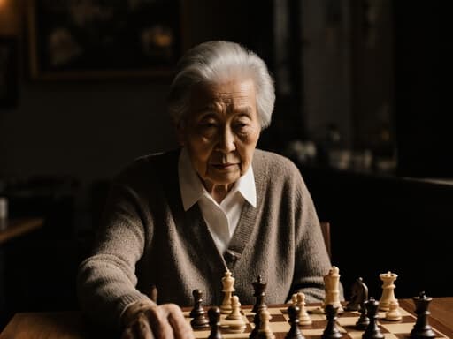 조용한 카페의 테이블 위에 놓인 체스판을 바라보며 손을 뻗으려는 피곤하지만 여전히 집중하는 표정의 80대 아시아계 여성의 반신 초상. 편안한 카디건과 슬랙스를 입고 따뜻하고 초대하는 분위기 속에 담겨 있습니다.