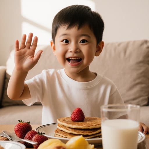 귀여운 외모의 3세 남성 동양인이 편안한 티셔츠와 반바지를 입고 있는 반신샷. 그는 배고픈 표정으로 눈을 크게 뜨고 손을 흔들며 인사하고 있으며, 아침 햇살이 비치는 따뜻한 거실과 식탁 위에 차려진 아침 식사가 있는 모습입니다.