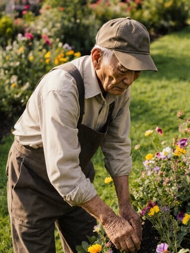 80대의 동양인 남성이 자연스러운 외모로 편안한 작업복과 모자를 착용하고, 다양한 꽃들이 있는 푸른 잔디 정원에서 꽃을 돌보며 약간 피곤한 표정을 짓고 있는 전신 사진입니다.