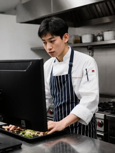 10대 초반 아시아계 남성이 현대적인 주방 조리복과 앞치마를 입고 지루한 표정을 지으며 컴퓨터를 사용해 식재료를 준비하는 모습. 배경에는 그릴이 있는 활기찬 주방 환경이 보입니다.