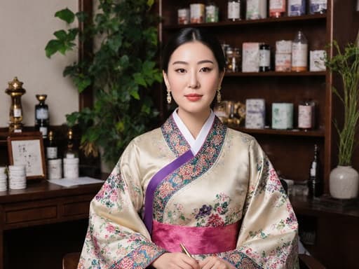 30대 혼혈 여성의 반신 사진으로, 전통 한의원의 상담 도구를 편안하게 들고 세련된 한복을 입고 앉아 있는 모습이며, 전통 한의학 장비와 식물들로 둘러싸인 우아한 분위기를 자아냅니다.