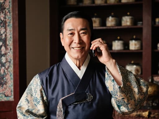 60대 혼혈 남성이 고급스러운 한복을 입고 전통 한약 조제실의 대기실에서 전화기를 귀에 대고 친근하게 미소 짓고 있는 모습, 한약재와 전통적인 장식이 배경에 있습니다.