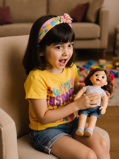 밝은 색상의 티셔츠와 반바지를 입고 인형을 들고 있는 7세 중동계 여성의 반신 샷. 따뜻한 거실에서 인형을 바라보며 호기심 어린 표정으로 앉아 있는 모습, 주변에 장난감들이 놓여있다.